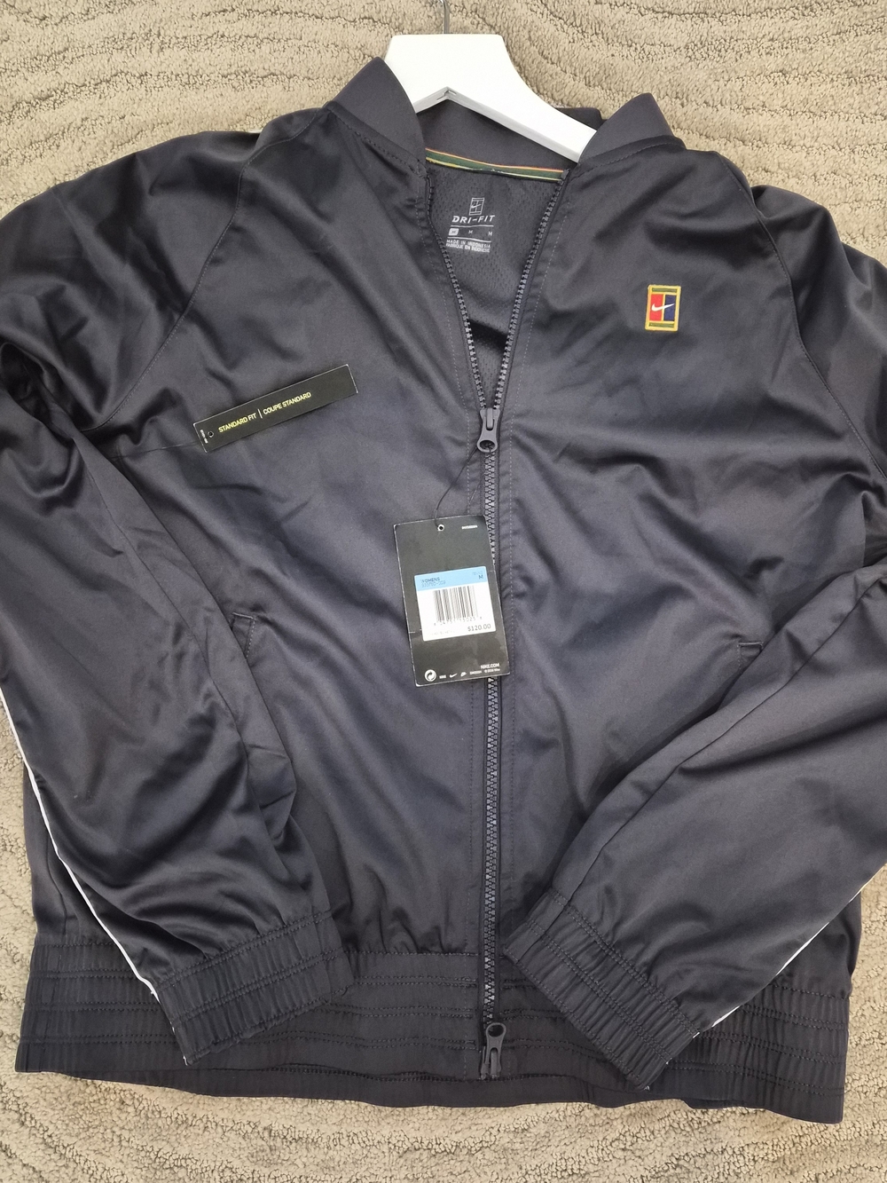 NWT-Nike Dark Gray Light Weight Jacket with Green Stripe  And Multicolor Logo- M